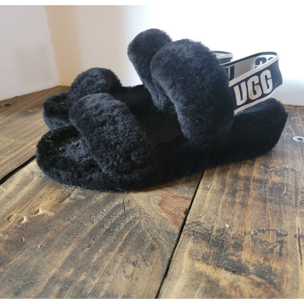 UGG Womens Black Fluff Yeah Sandal Slipper Faux Fur Furry Slingback Size 6